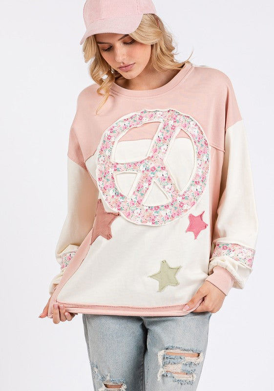 Pink Peace & Star Patch Contrast Round Neck Sweatshirt - Tigbul's Variety Fashion Shop