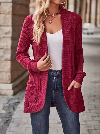 Ribbed Open Front Long Cardigan with Pockets - Tigbul's Variety Fashion Shop