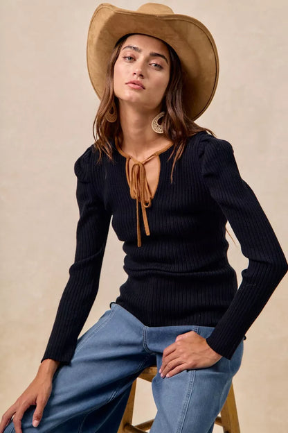 BiBi Ribbed Contrast Front Tied Top with Shrried - Tigbul's Variety Fashion Shop