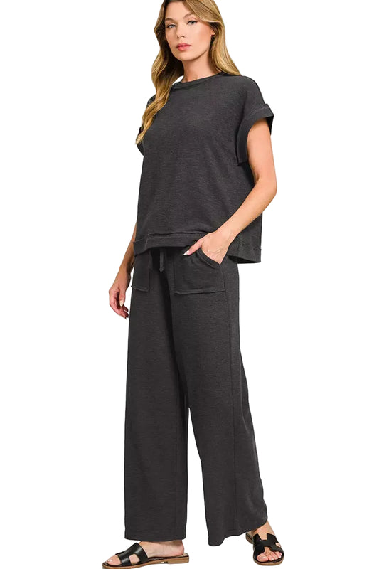 Black Cotton Slub Short Sleeve Tee and Pants Set - Tigbul's Variety Fashion Shop