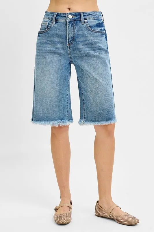 RISEN Tummy Control Mid Rise Fit Bermuda Denim Shorts - Tigbul's Variety Fashion Shop