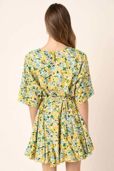 Yellow Combo Floral Tie Waist Half Sleeve Mini Dress - Tigbul's Variety Fashion Shop