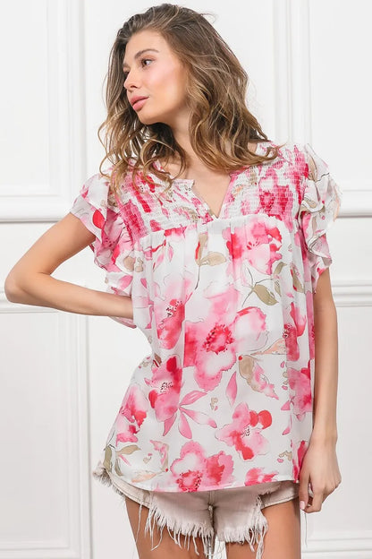 BiBi Floral Print Flutter Sheer Top - Tigbul's Variety Fashion Shop