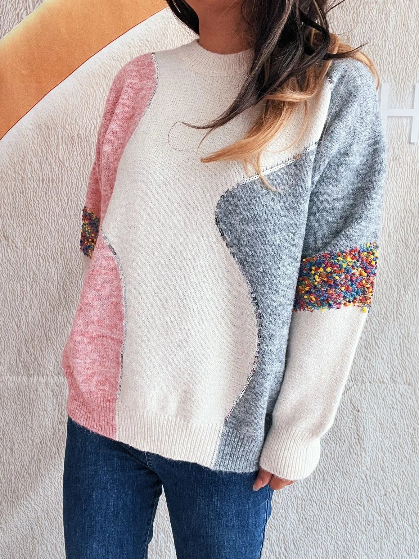 Color Block Dropped Shoulder Sweater - Tigbul's Variety Fashion Shop