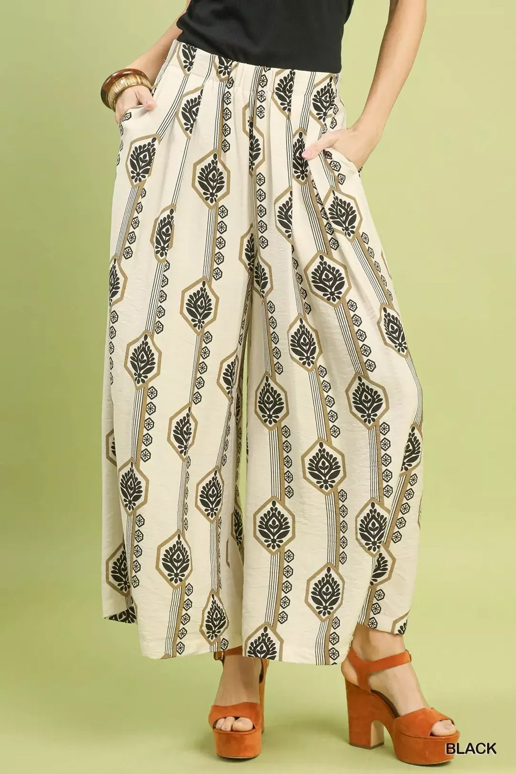 Umgee geometric boho wide-leg pants, cream with dark floral print; elastic waist