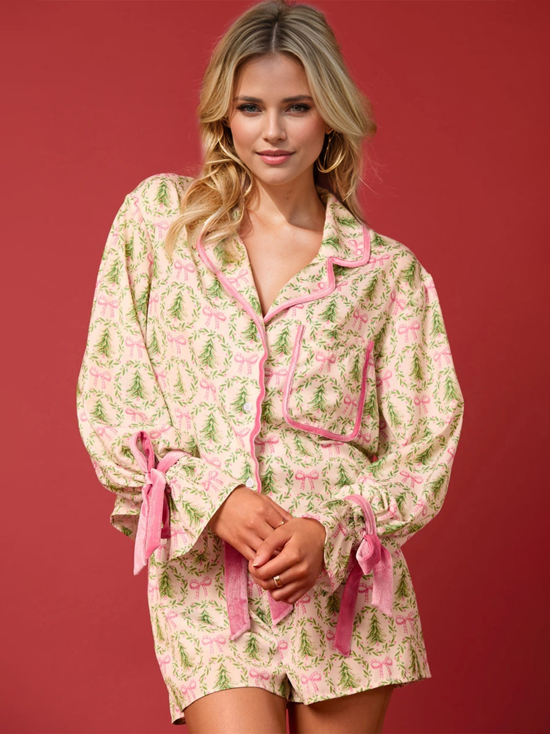 Tied Printed Collared Neck Long Sleeve Top and Shorts Set - Tigbul's Variety Fashion Shop