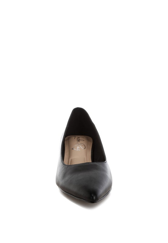 Black pointed-toe pump viewed from front, cushioned insole