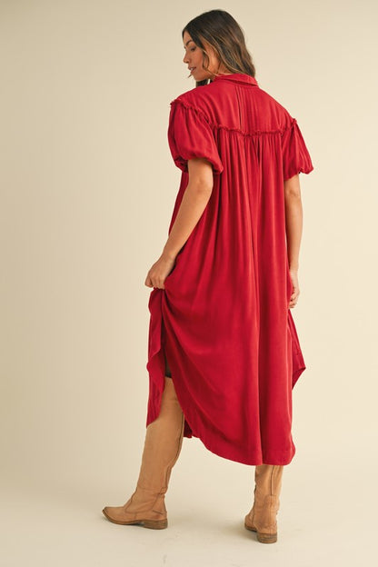 Deep Red Mineral Washed Button Down Puff Sleeve Shirt Dress - Tigbul's Variety Fashion Shop