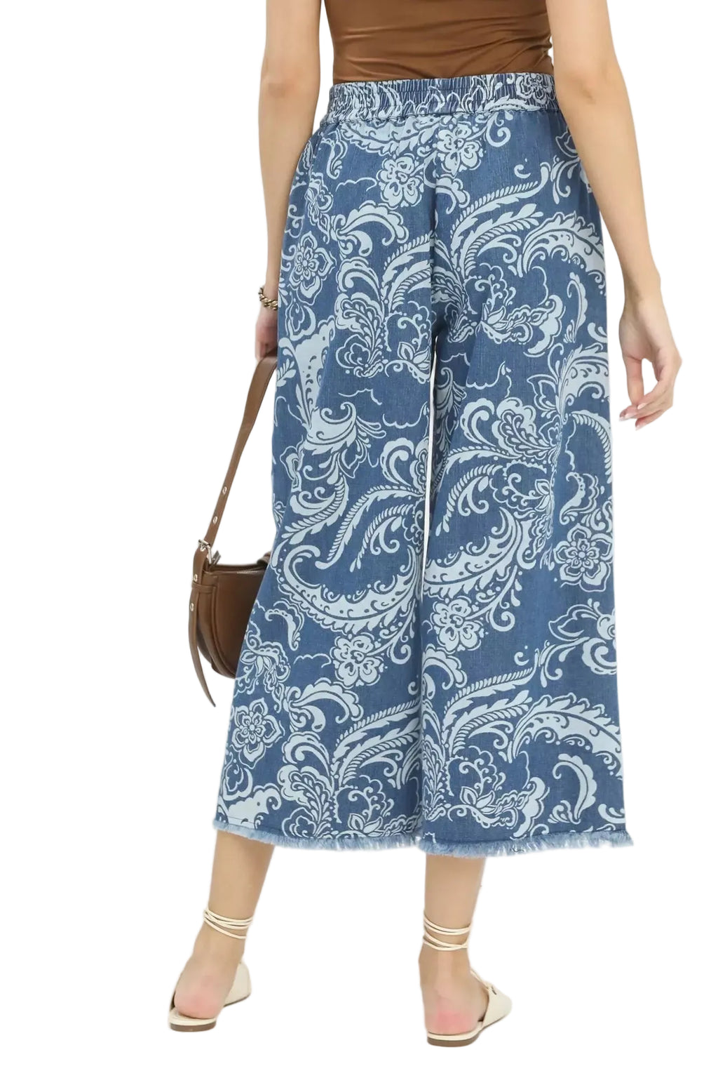 Denim-blue paisley wide-leg crop pants, elastic waistband, ankle-length frayed hem