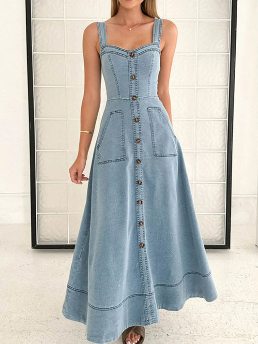 Wide Strap Sweetheart Neck Denim Dress - Tigbul's Variety Fashion Shop