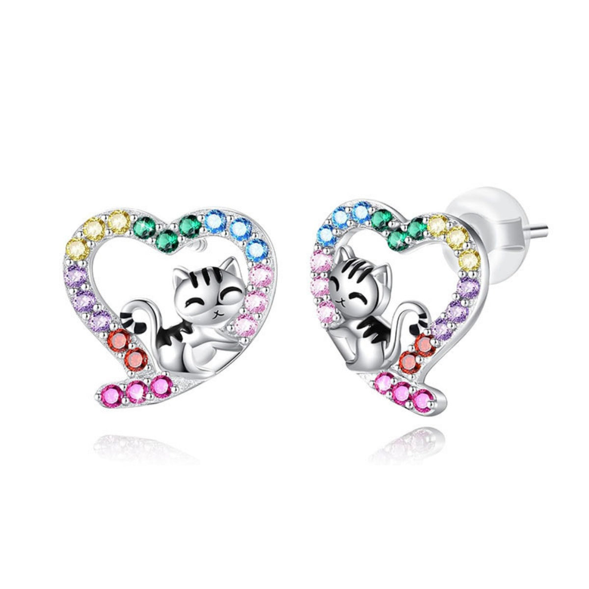 Cat face heart stud earrings with colorful zircon border and silver posts
