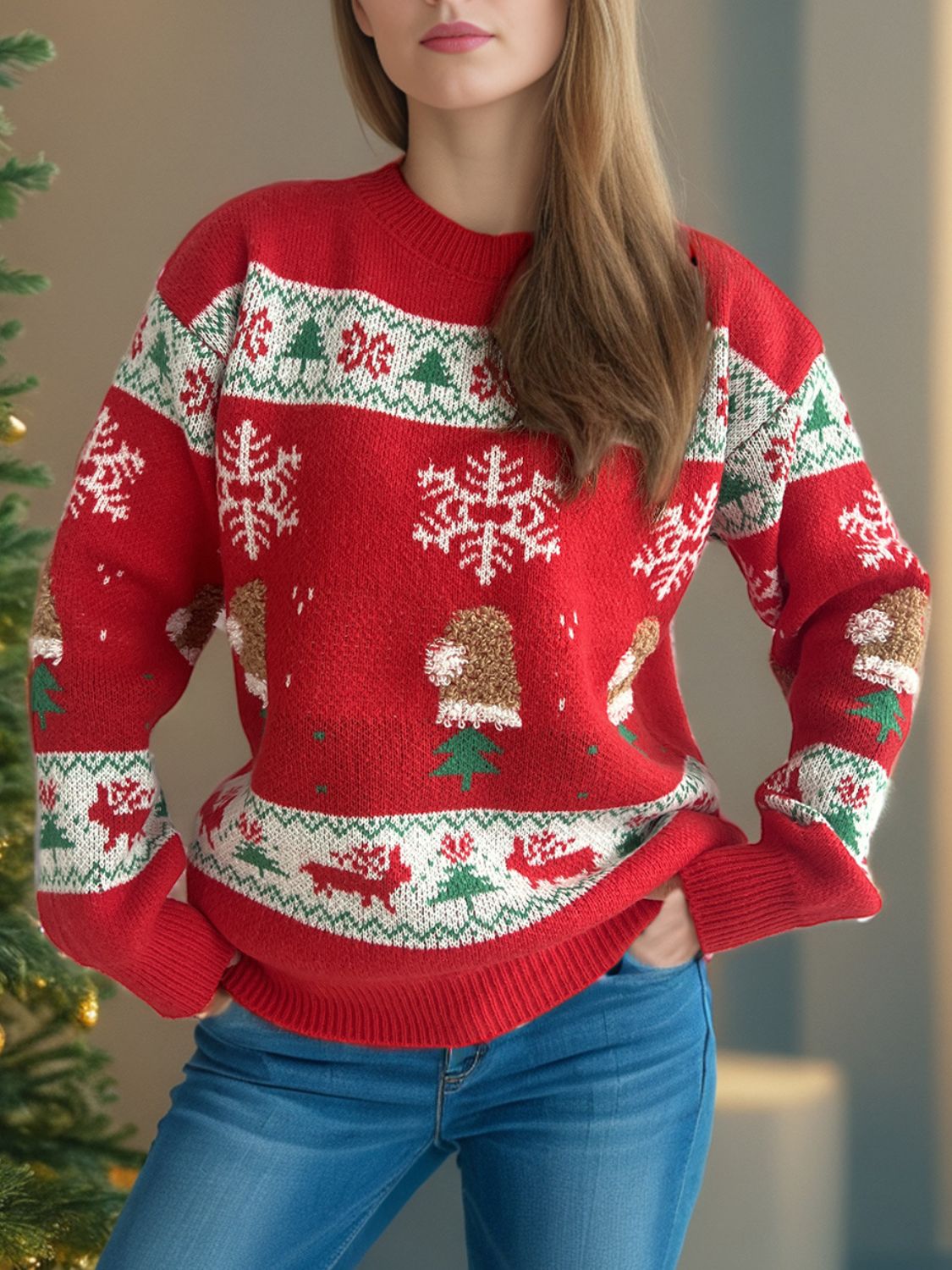 Christmas Element Round Neck Long Sleeve Sweater - Tigbul's Variety Fashion Shop