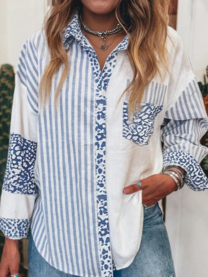 Striped Patchwork Button Down Shirt with Leopard Print Details - Tigbul's Variety Fashion Shop