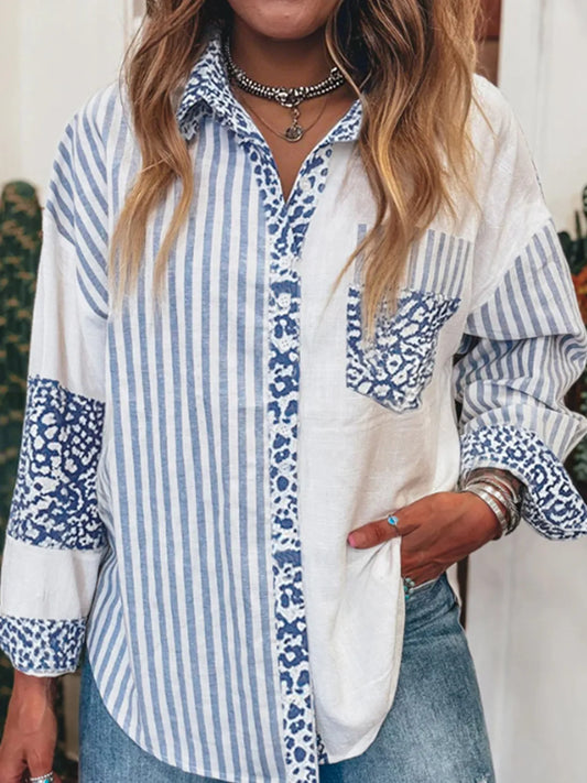 Striped Patchwork Button Down Shirt with Leopard Print Details - Tigbul's Variety Fashion Shop