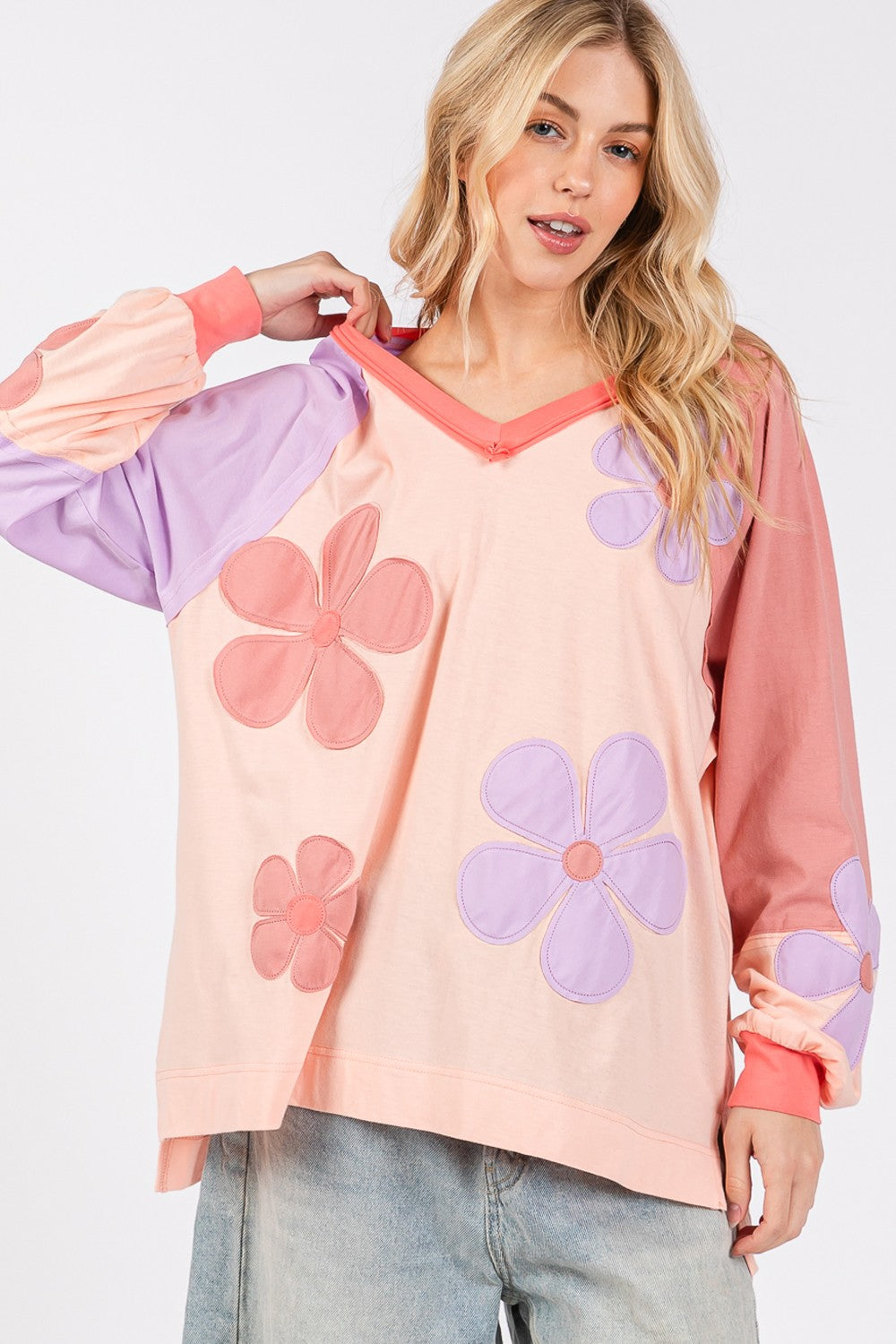 Daisy Applique Patch Color Block Long Sleeve Top - Tigbul's Variety Fashion Shop