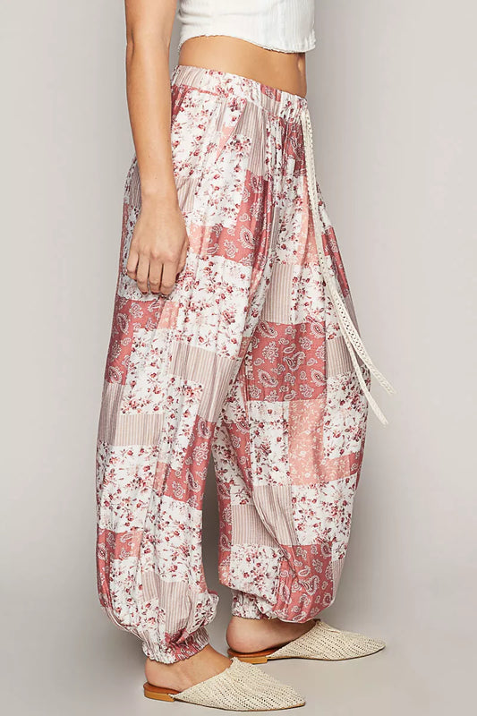 POL Drawstring Floral Patchwork Wide leg Pants - Tigbul's Variety Fashion Shop