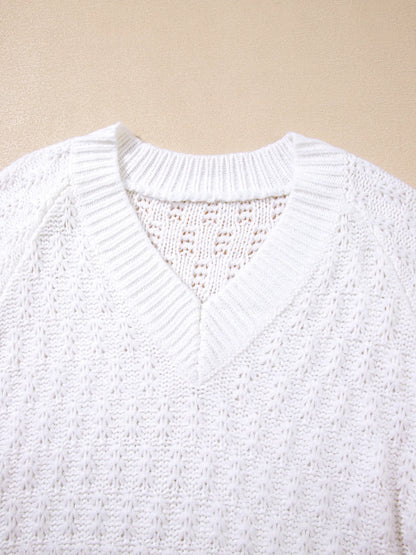 Textured Knit Ribbed Edge V Neck Loose Sweater - Tigbul's Variety Fashion Shop
