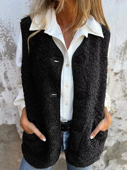 Full Size Cozy Sherpa Fleece Button-Up Vest Coat with Pockets Plus Size - Tigbul's Variety Fashion Shop