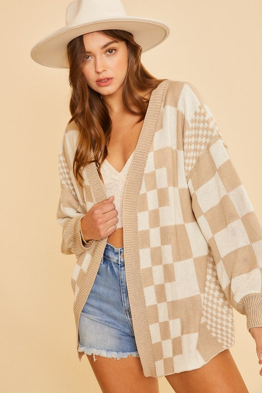 Tan Checkered Open Front Drop Shoulder Cardigan - Tigbul's Variety Fashion Shop
