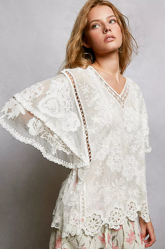 Off White Floral Crochet V-Neck Blouse Scalloped Hem - Tigbul's Variety Fashion Shop