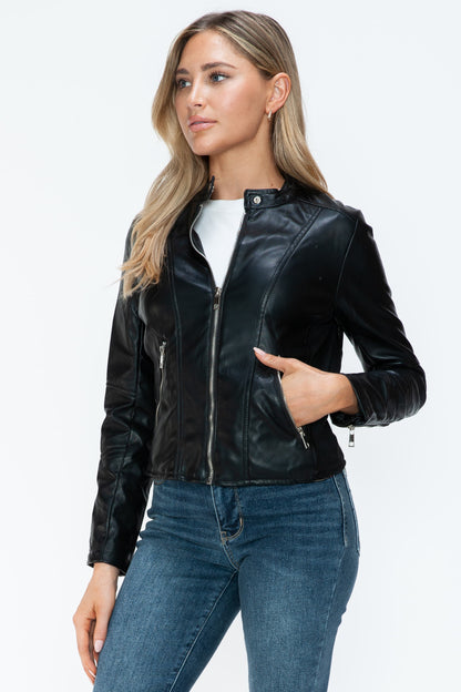 Black PU Leather Zip Up Jacket with Pockets