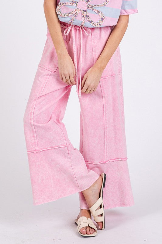 Pink Mineral Washed Terry Wide Leg Pants - Tigbul's Variety Fashion Shop