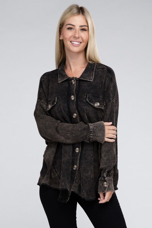 Ash Black Acid Wash Oversized Cotton Waffle Shirt - Tigbul's Variety Fashion Shop