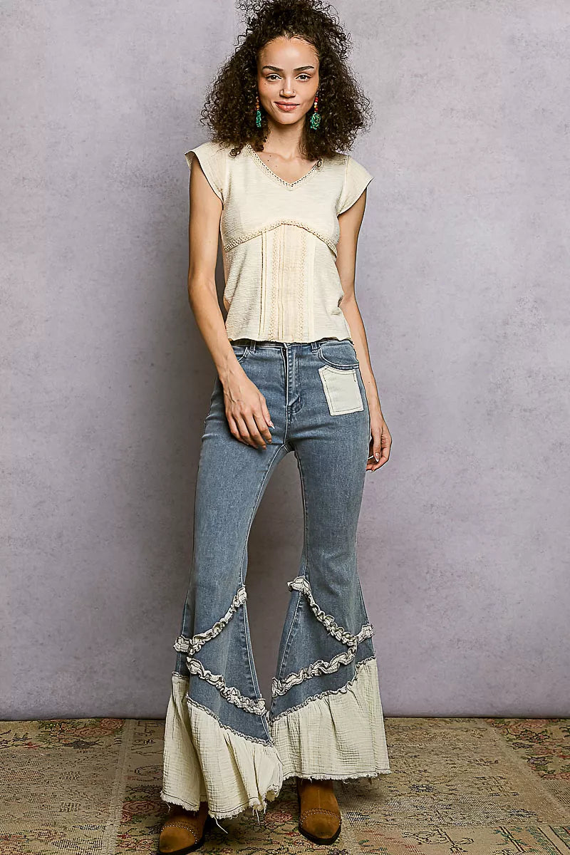 Cream lace-trim V-neck short-sleeve textured knit top, front view