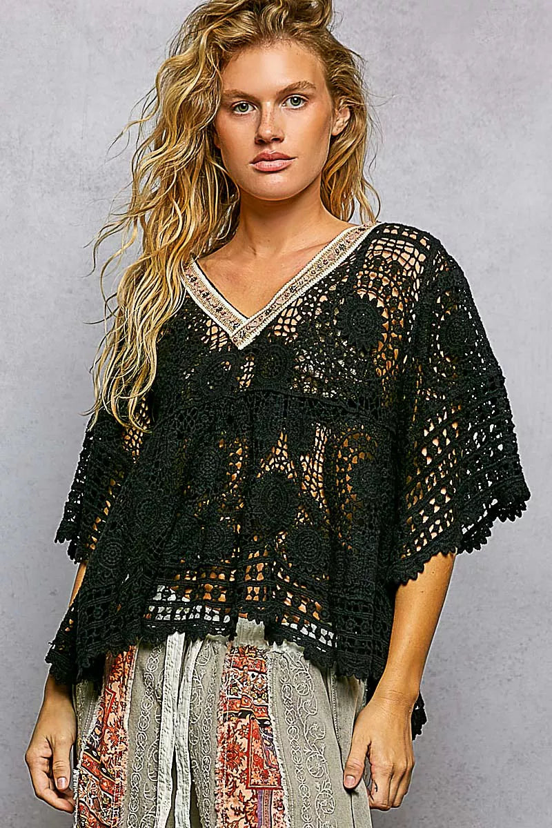 POL V-Neck Crochet Top with Scalloped Hem - Tigbul's Variety Fashion Shop