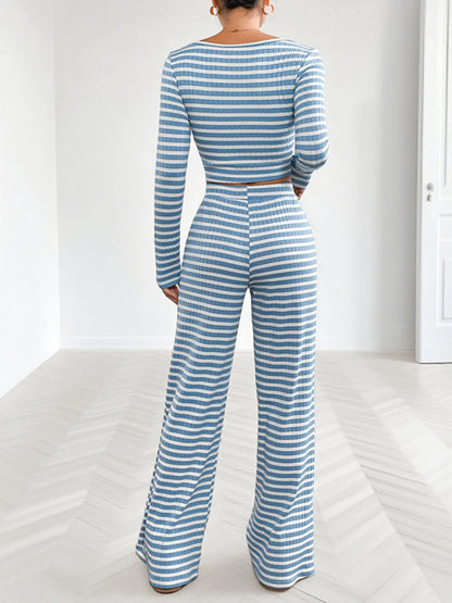Striped Square Neck Long Sleeve Top and Pants Lounge Set - Tigbul's Variety Fashion Shop