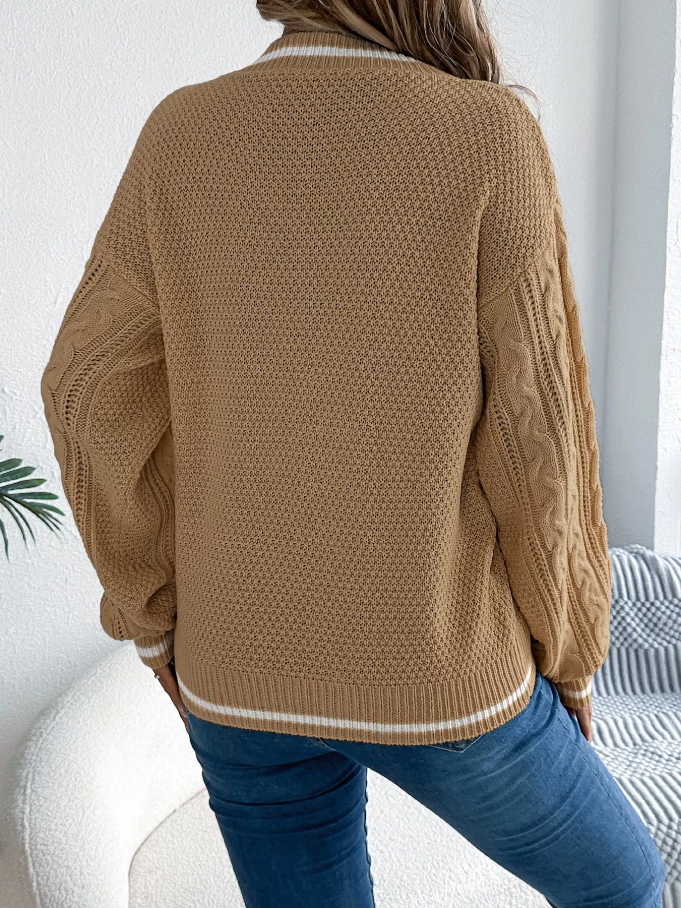 Cable Knit V-Neck Long Sleeve Sweater - Tigbul's Variety Fashion Shop