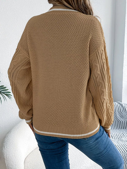 Cable Knit V-Neck Long Sleeve Sweater - Tigbul's Variety Fashion Shop
