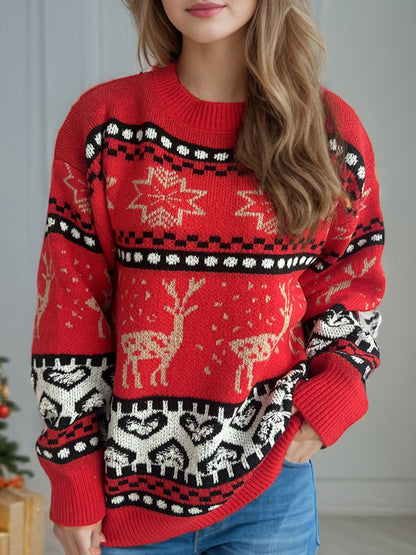 Christmas Element Round Neck Long Sleeve Sweater - Tigbul's Variety Fashion Shop