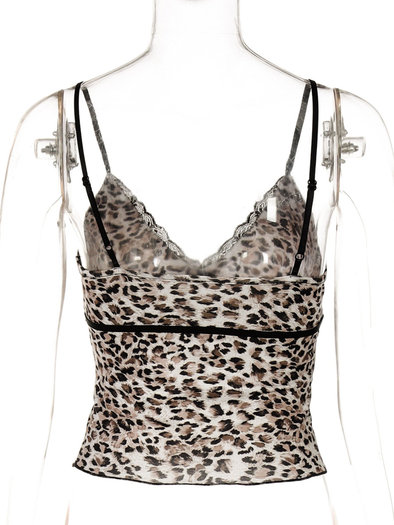 Leopard print cami top on mannequin with black lace trim and spaghetti straps