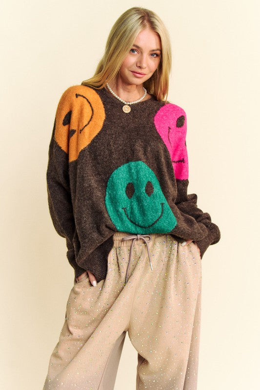 Davi & Dani Contrast Smile Round Neck Oversize Sweater - Tigbul's Variety Fashion Shop