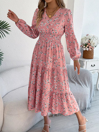 Floral Print Long Sleeve V-Neck Midi Dress - Tigbul's Variety Fashion Shop