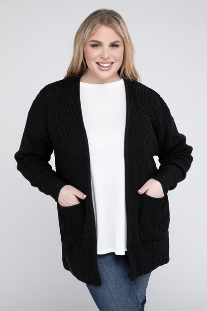 Plus Low Gauge Waffle Open Cardigan Sweater - Tigbuls Variety Fashion