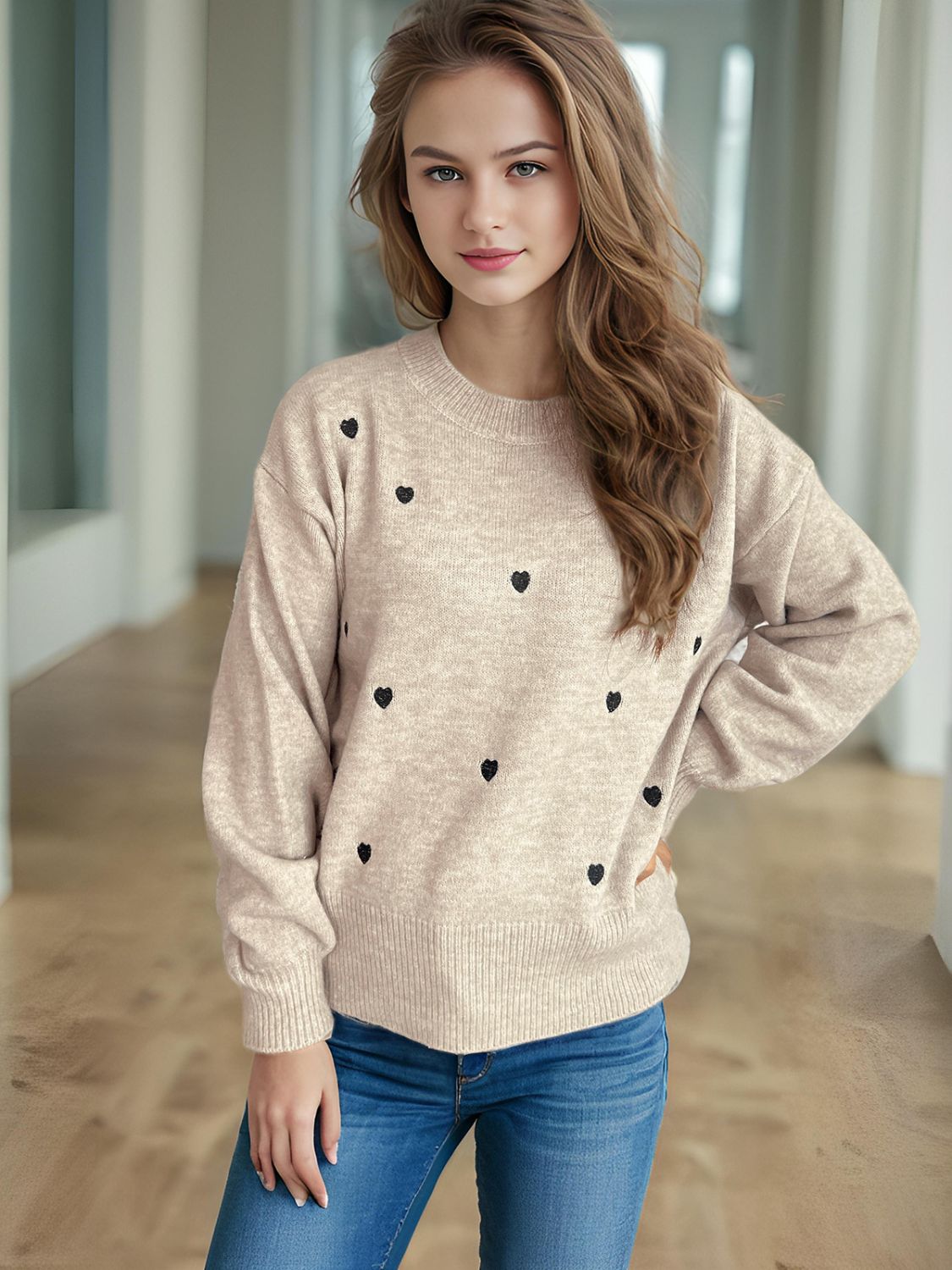 Heart Round Neck Long Sleeve Sweater - Tigbul's Variety Fashion Shop