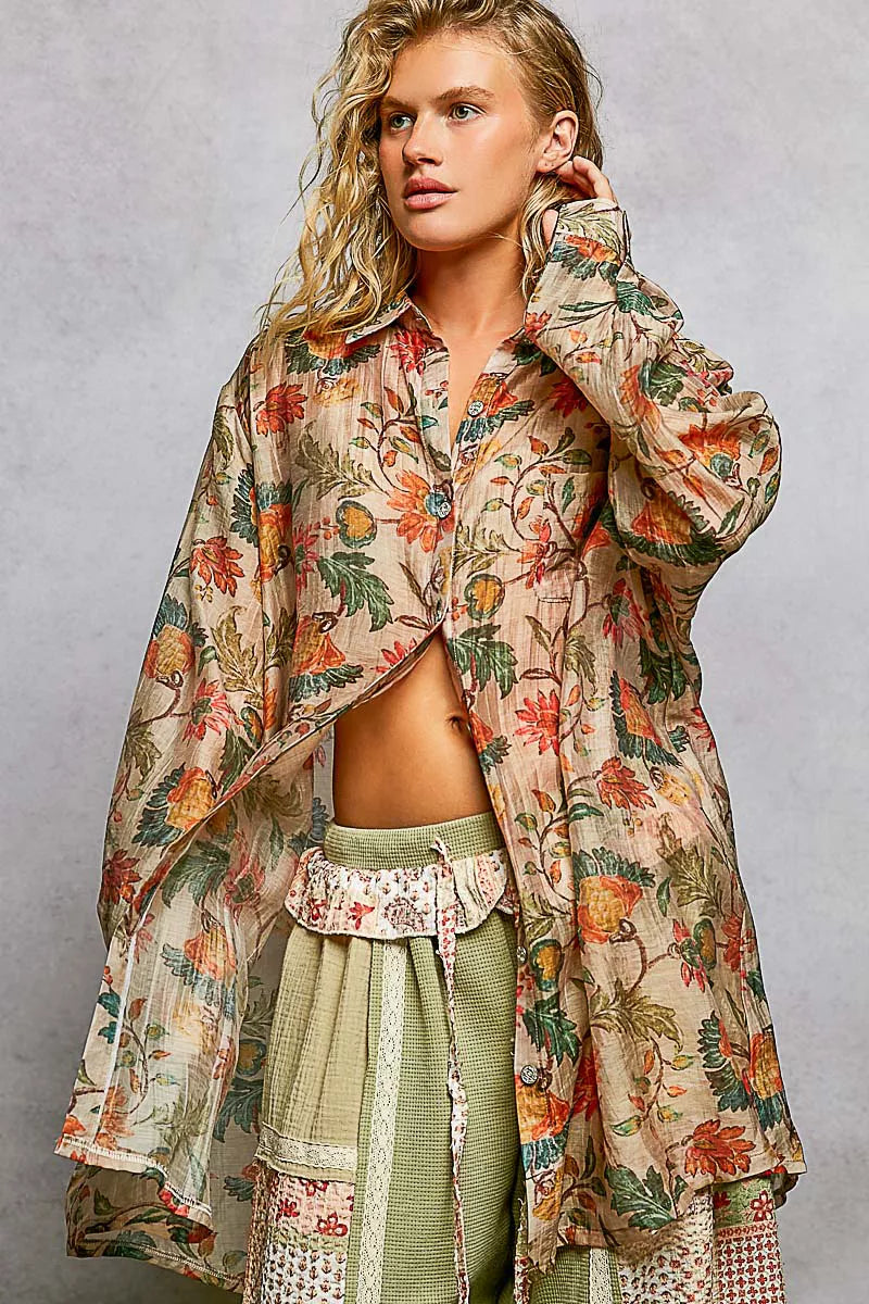 POL Metal Button Down Floral Long Sleeve Shirt - Tigbul's Variety Fashion Shop