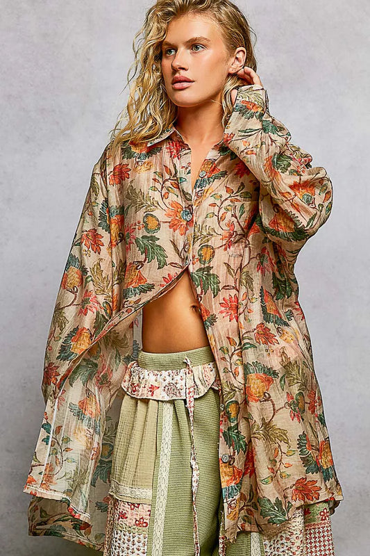 POL Metal Button Down Floral Long Sleeve Shirt - Tigbul's Variety Fashion Shop