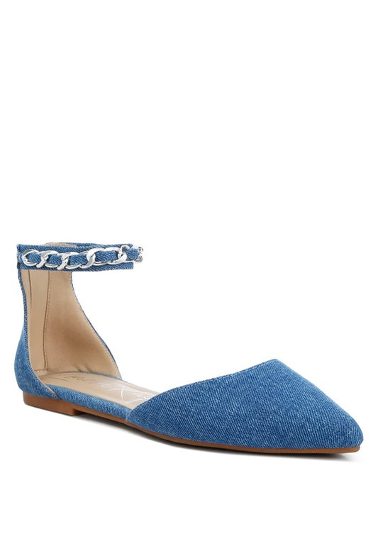 Buqisi Denim Blue Chain Embellished Flat Sandals - Tigbul's Variety Fashion Shop