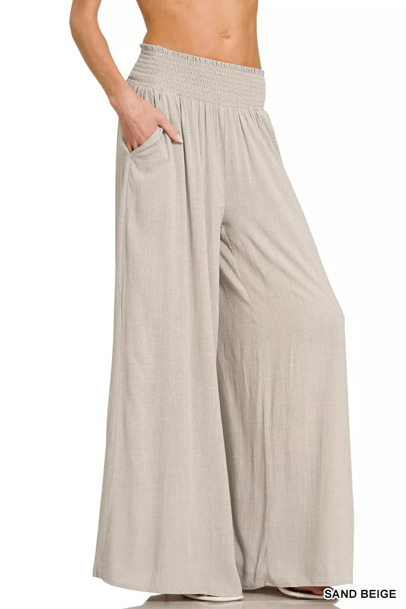 Zenana smocked waist wide-leg lounge pants, sand beige