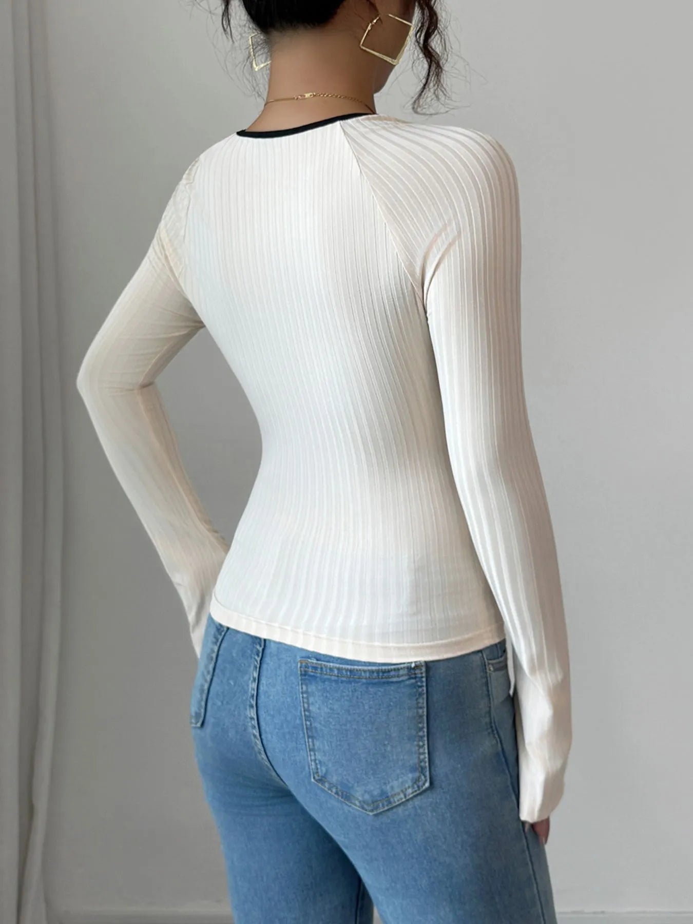 Contrast Trim Long Sleeve T-Shirt - Tigbul's Variety Fashion Shop