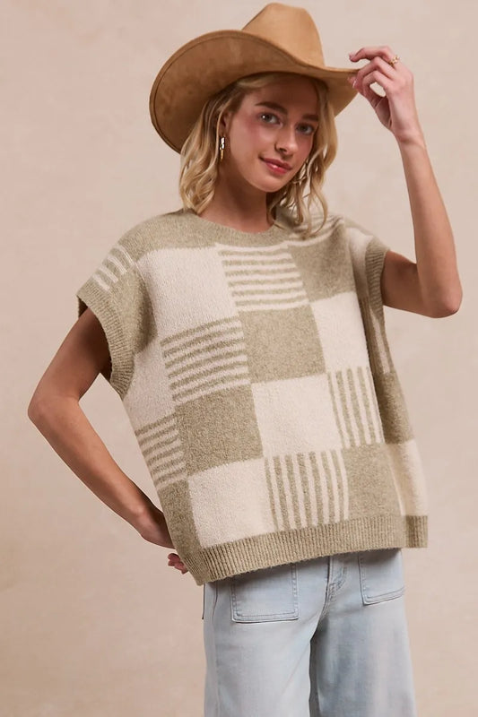 Checker With Stripes Pattern Sleeveless Sweater - Tigbul's Variety Fashion Shop