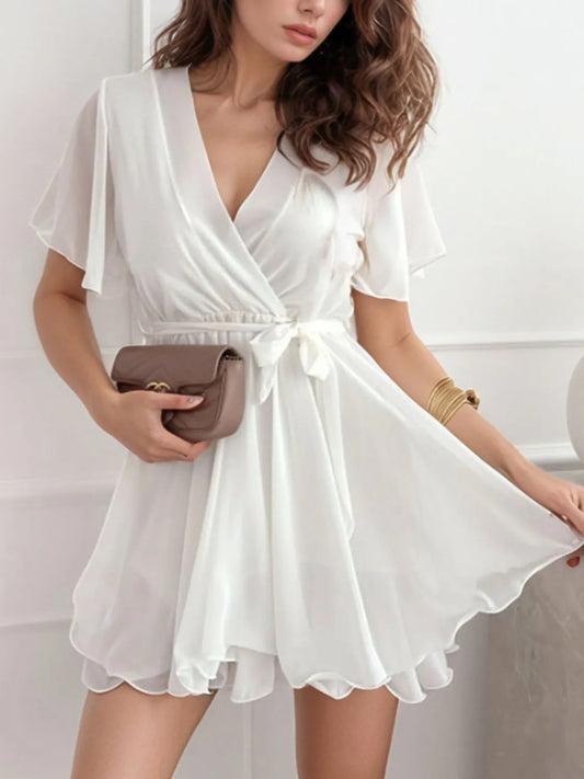 Surplice Flutter Sleeve Mini Dress - Tigbul's Variety Fashion Shop