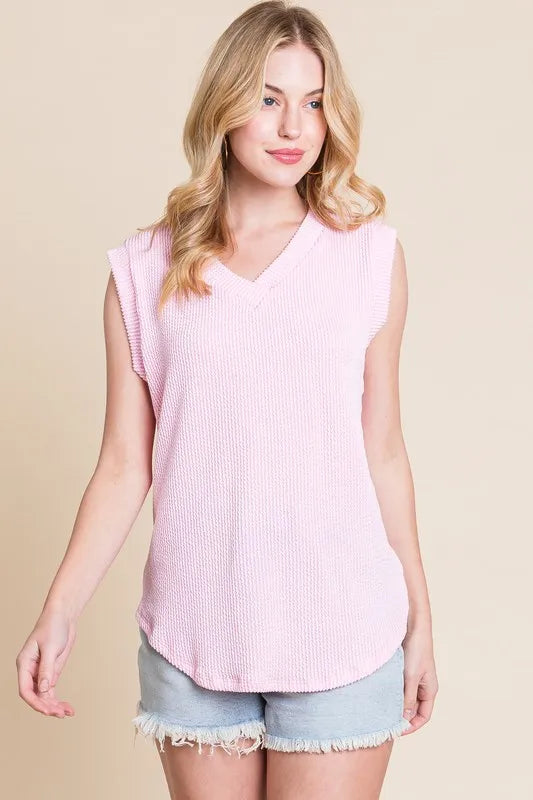Pink Rib Knit V-Neck Tank - Tigbul's Variety Fashion Shop