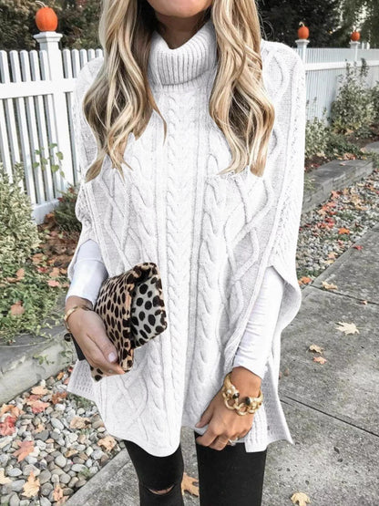 Chunky Cable Knit Turtleneck Poncho Cover Up - Tigbul's Variety Fashion Shop
