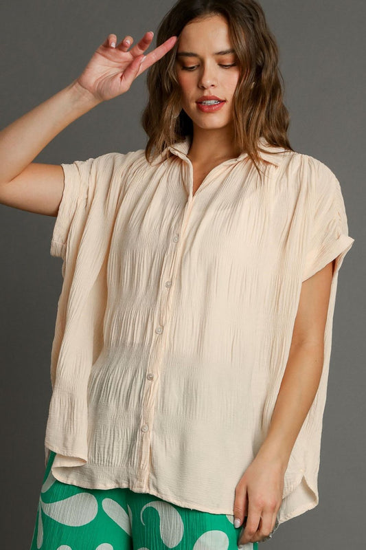 Umgee Full Size Textured Button Down Short Sleeve Shirt Plus Size - Tigbul's Variety Fashion Shop