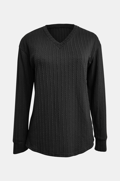 Textured V-Neck Long Sleeve T-Shirt - Tigbul's Variety Fashion Shop