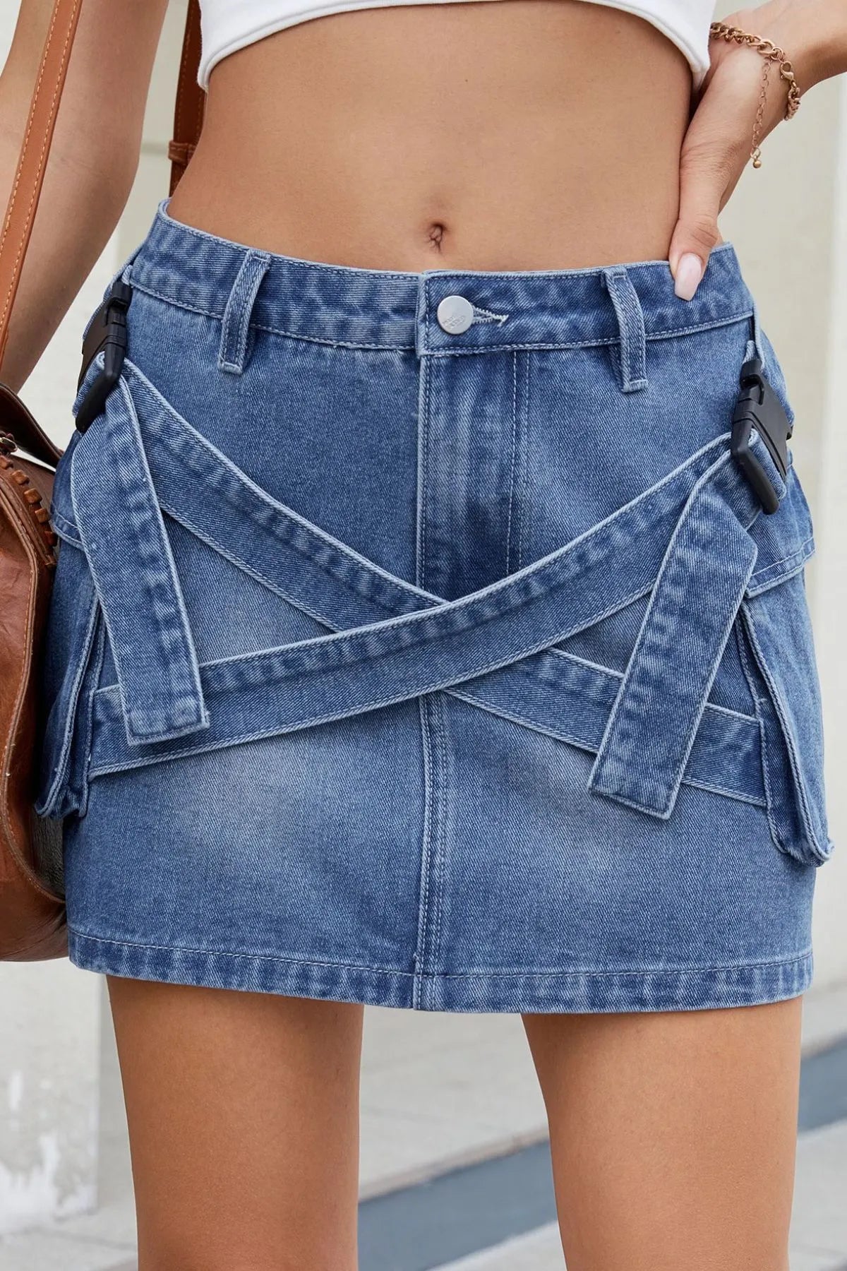 Criss-Cross Waist Detail Denim Mini Skirt - Tigbul's Variety Fashion Shop